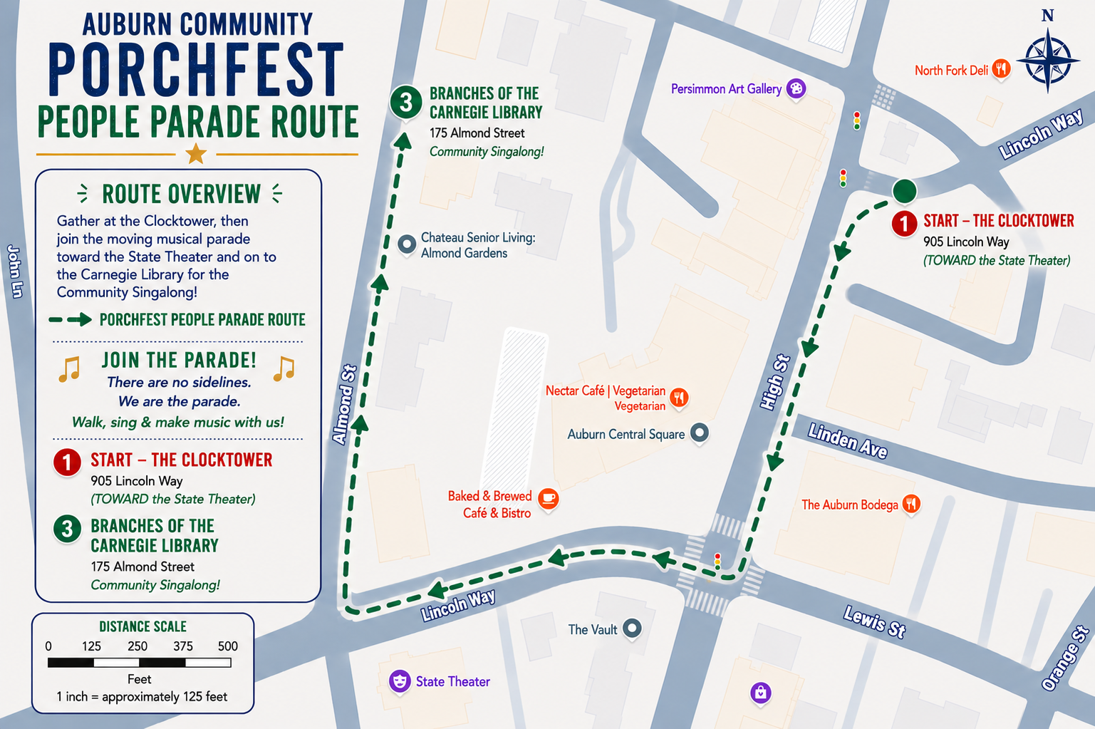 Map of the Auburn Porchfest Parade route from the Downtown Clocktower to Branches at the Carnegie